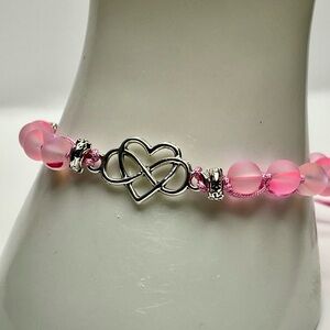 Pink Firefly Glass with Silver Heart Infinity Bracelet